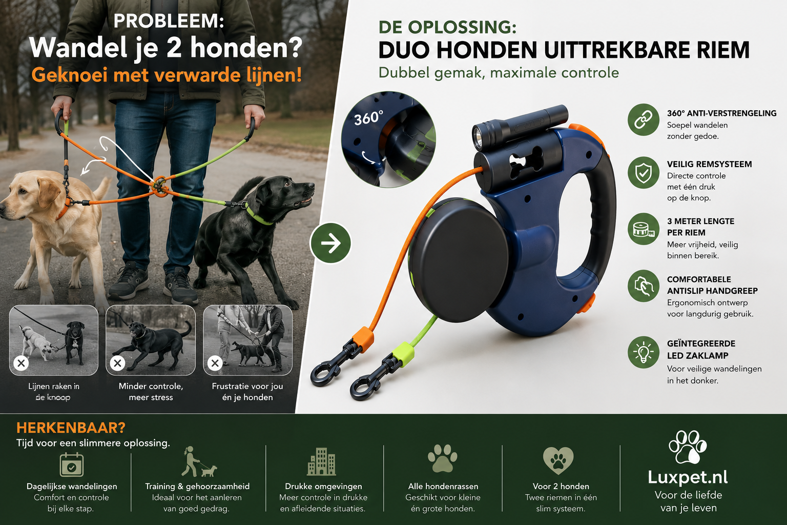 Duo Hondenriem met LED-Verlichting